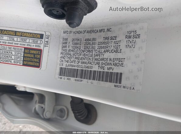 5J6RM4H50GL004930 2016 HONDA CR-V White Շարժիչի բաժամունքի տեսք