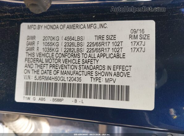 5J6RM4H50GL120435 2016 HONDA CR-V Blue Widok komory silnika