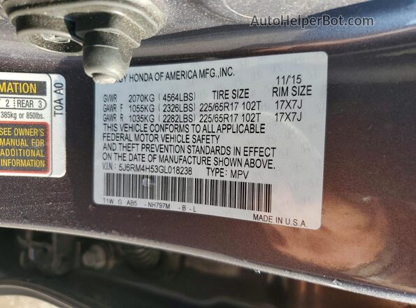 5J6RM4H53GL018238 2016 HONDA CR-V Silver VIN კოდის სტიკერის ხედი