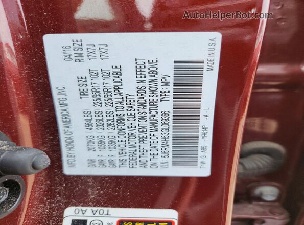 5J6RM4H53GL069366 2016 HONDA CR-V Burgundy Engine compartment view