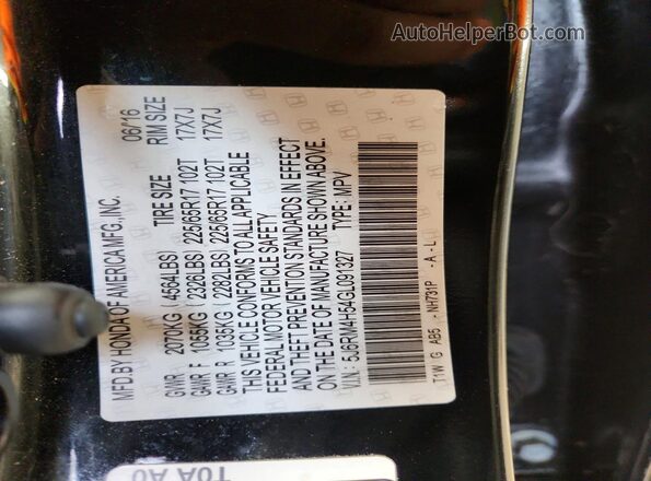5J6RM4H54GL091327 2016 HONDA CR-V Charcoal VIN კოდის სტიკერის ხედი