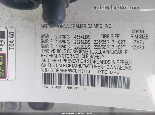 5J6RM4H55GL115716 2016 HONDA CR-V Белый Вид подкапотного пространства