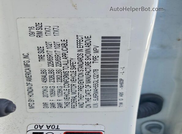 5J6RM4H55GL122178 2016 HONDA CR-V White Widok naklejki z numerem VIN