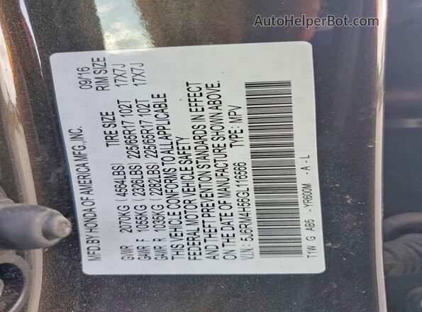 5J6RM4H56GL116566 2016 HONDA CR-V Gray VIN sticker view