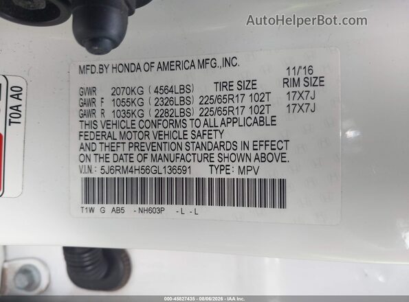 5J6RM4H56GL136591 2016 HONDA CR-V Белый Вид подкапотного пространства