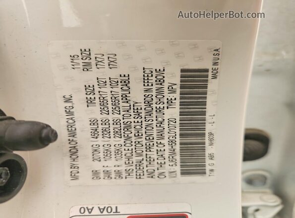 5J6RM4H58GL010720 2016 HONDA CR-V White VIN sticker view