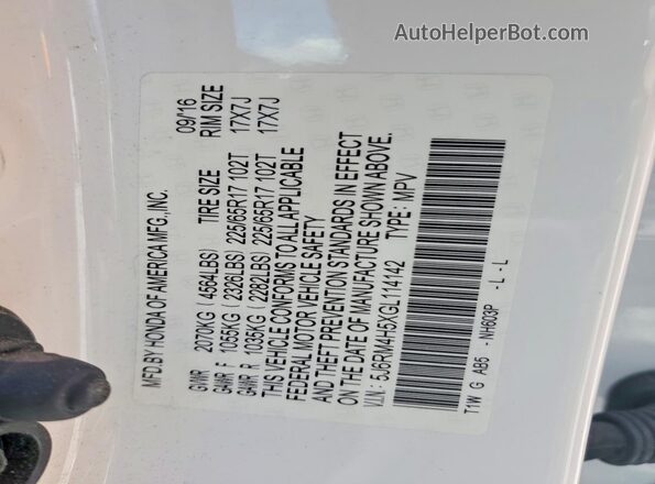 5J6RM4H5XGL114142 2016 HONDA CR-V White Вид наклейки з VIN-кодом