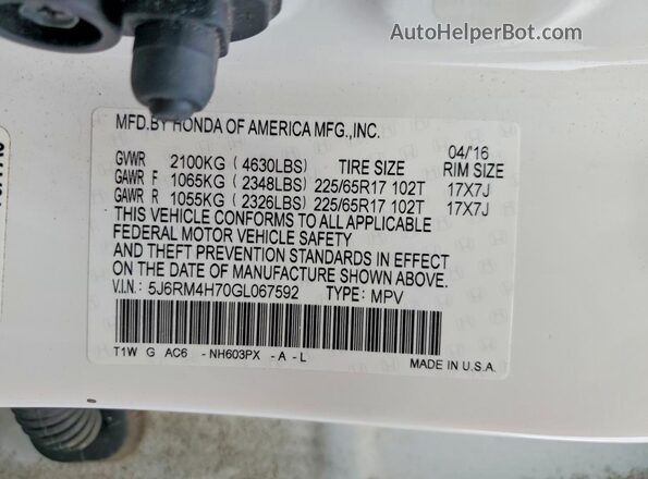 5J6RM4H70GL067592 2016 HONDA CR-V Белый Вид наклейки с VIN-кодом