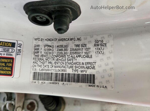 5J6RM4H71GL043690 2016 HONDA CR-V White 