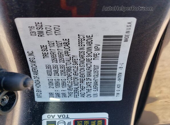 5J6RM4H71GL057637 2016 HONDA CR-V Gray VIN კოდის სტიკერის ხედი