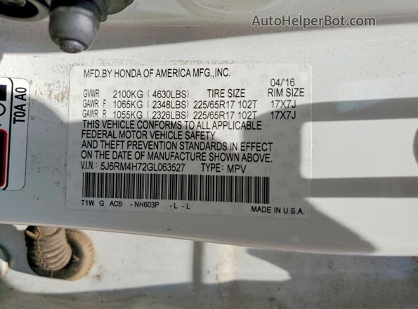 5J6RM4H72GL063527 2016 HONDA CR-V White Vista de la etiqueta del VIN