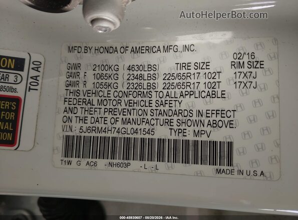 5J6RM4H74GL041545 2016 HONDA CR-V White Вид підкапотного простору