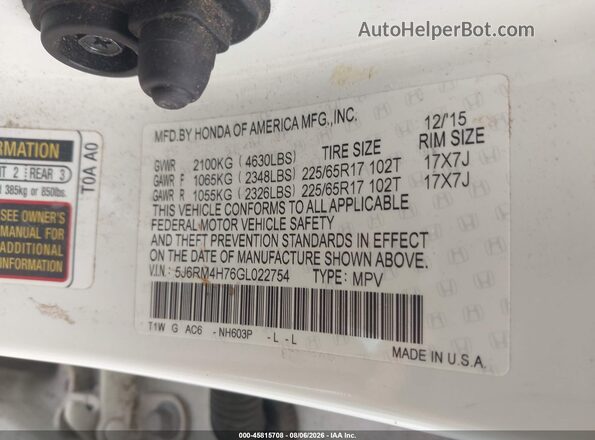 5J6RM4H76GL022754 2016 HONDA CR-V White Engine compartment view