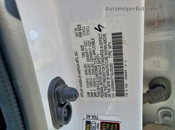 5J6RM4H77GL080260 2016 HONDA CR-V White VIN sticker view