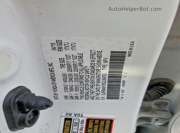 5J6RM4H78GL064763 2016 HONDA CR-V White VIN კოდის სტიკერის ხედი
