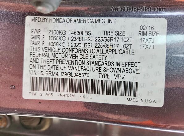5J6RM4H79GL046370 2016 HONDA CR-V Gray VIN sticker view