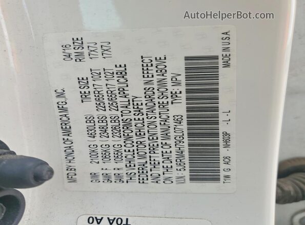 5J6RM4H79GL071463 2016 HONDA CR-V Белый Вид наклейки с VIN-кодом