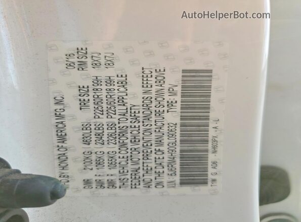 5J6RM4H90GL090632 2016 HONDA CR-V White Vista de la etiqueta del VIN