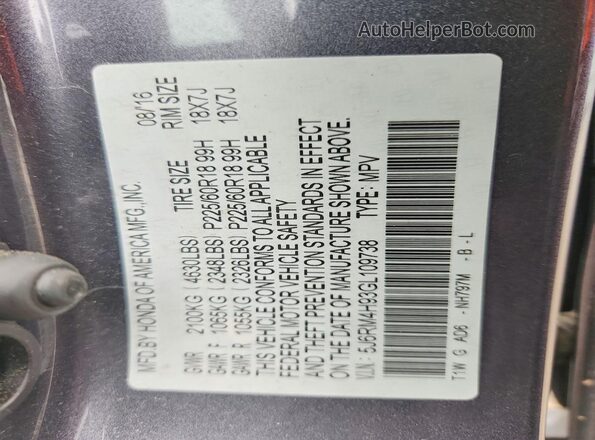5J6RM4H93GL109738 2016 HONDA CR-V Gray Widok naklejki z numerem VIN