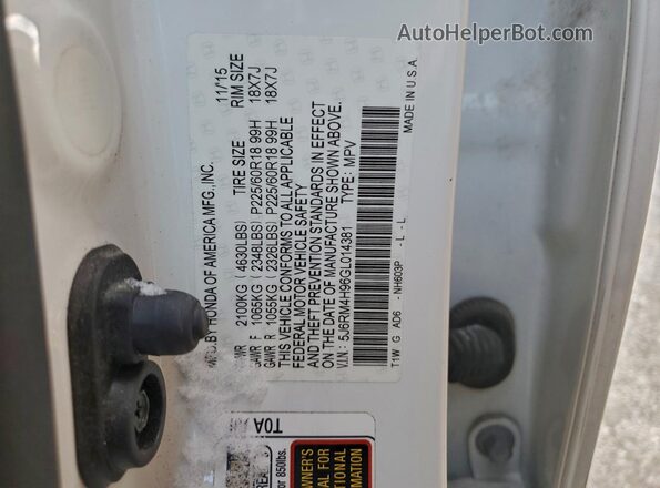 5J6RM4H96GL014381 2016 HONDA CR-V White VIN კოდის სტიკერის ხედი