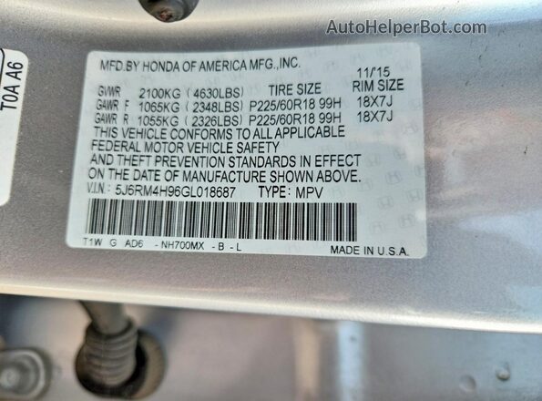 5J6RM4H96GL018687 2016 HONDA CR-V Silver Панорамний вид салону 360°