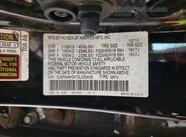 5J6RM4H97GL000439 2016 HONDA CR-V Black 