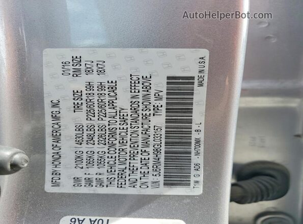 5J6RM4H98GL033157 2016 HONDA CR-V Silver Շարժիչի բաժամունքի տեսք