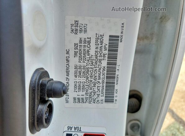 5J6RM4H99GL067964 2016 HONDA CR-V White Vista de la etiqueta del VIN