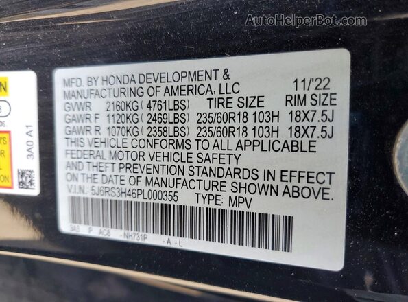 5J6RS3H46PL000355 2023 HONDA CR-V Black Widok wnętrza 360 stopni