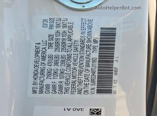 5J6RS3H48TL011903 2026 HONDA CR-V Белый Вид наклейки с VIN-кодом