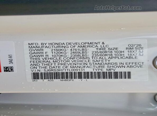 5J6RS3H71TL009131 2026 HONDA CR-V Белый Панорамный вид салона 360°