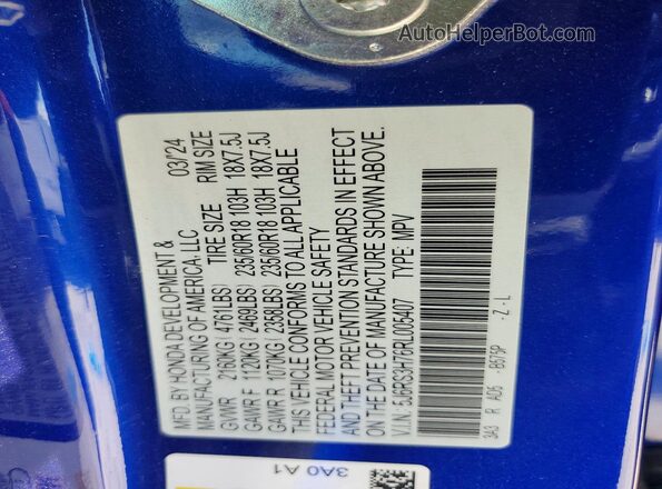 5J6RS3H76RL005407 2024 HONDA CR-V Blue VIN კოდის სტიკერის ხედი