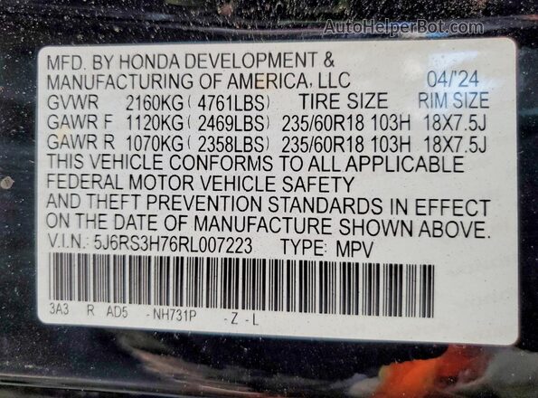 5J6RS3H76RL007223 2024 HONDA CR-V Black VIN კოდის სტიკერის ხედი