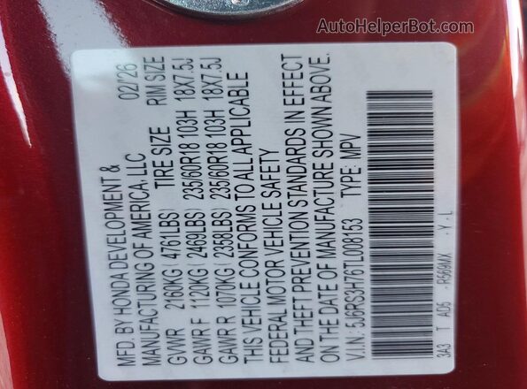 5J6RS3H76TL008153 2026 HONDA CR-V Burgundy Vista de la etiqueta del VIN