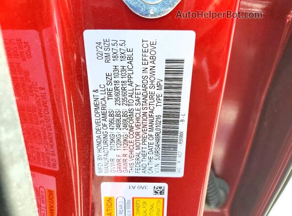 5J6RS4H48RL010216 2024 HONDA CR-V Бордовый Вид наклейки с VIN-кодом
