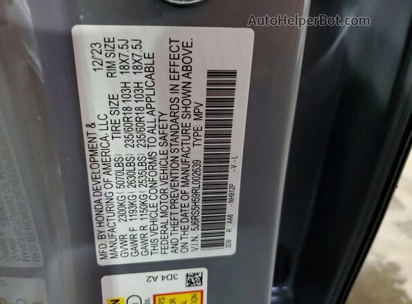5J6RS5H59RL002639 2024 HONDA CR-V Gray Вид наклейки з VIN-кодом