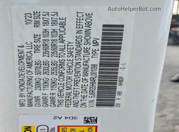 5J6RS5H84RL001098 2024 HONDA CR-V White Widok wnętrza 360 stopni