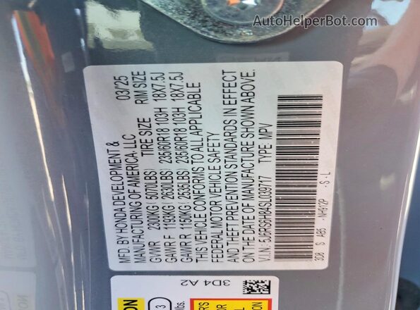 5J6RS6H84SL039717 2025 HONDA CR-V Gray Vista de la etiqueta del VIN