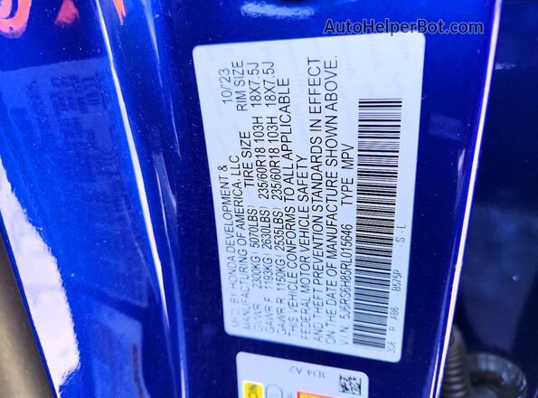 5J6RS6H85RL015646 2024 HONDA CR-V Blue Widok naklejki z numerem VIN