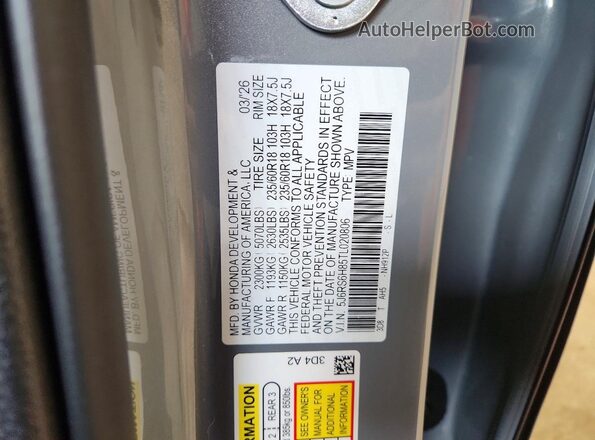 5J6RS6H85TL020806 2026 HONDA CR-V Gray VIN კოდის სტიკერის ხედი
