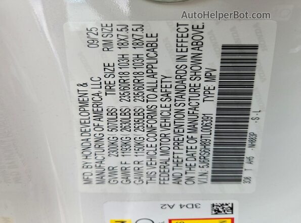5J6RS6H89TL006391 2026 HONDA CR-V White VIN კოდის სტიკერის ხედი