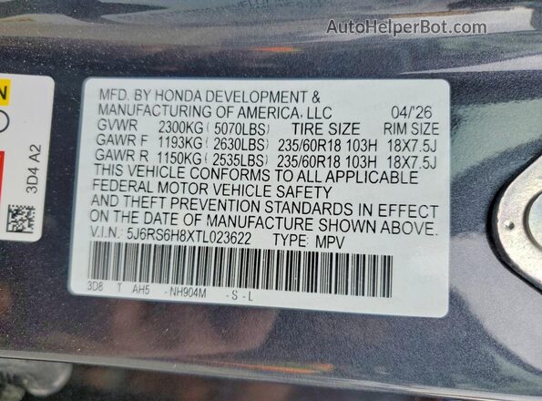 5J6RS6H8XTL023622 2026 HONDA CR-V Gray Widok wnętrza 360 stopni
