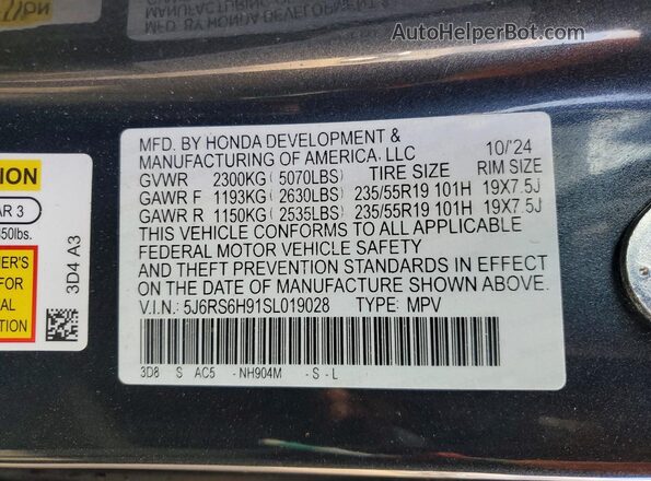 5J6RS6H91SL019028 2025 HONDA CR-V Gray Widok naklejki z numerem VIN