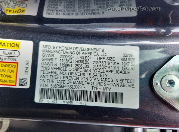 5J6RS6H95SL032803 2025 HONDA CR-V Угольный Вид наклейки с VIN-кодом
