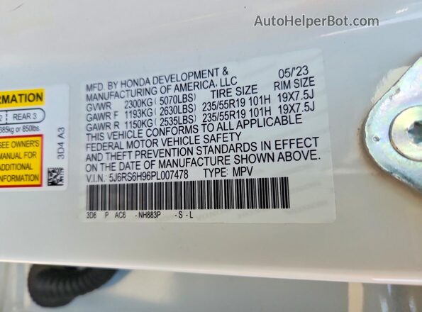 5J6RS6H96PL007478 2023 HONDA CR-V White VIN sticker view