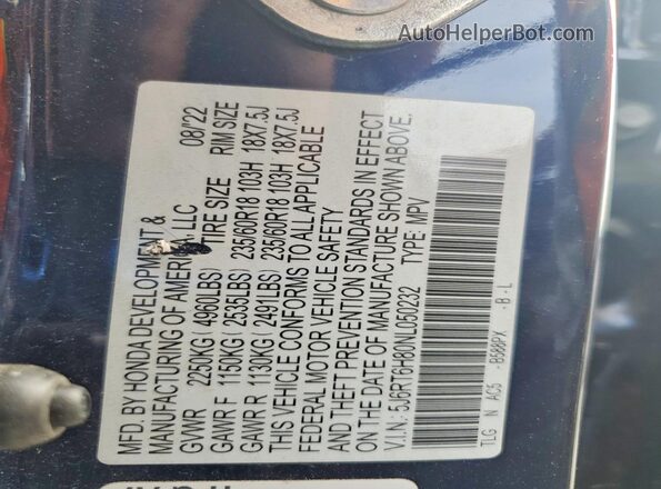 5J6RT6H80NL050232 2022 HONDA CR-V Blue Vista interior de 360 grados