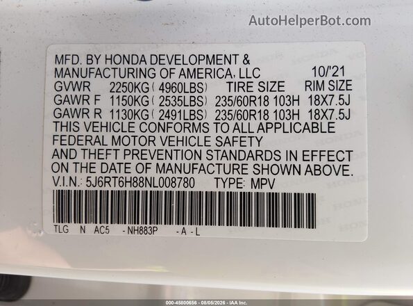 5J6RT6H88NL008780 2022 HONDA CR-V White Engine compartment view