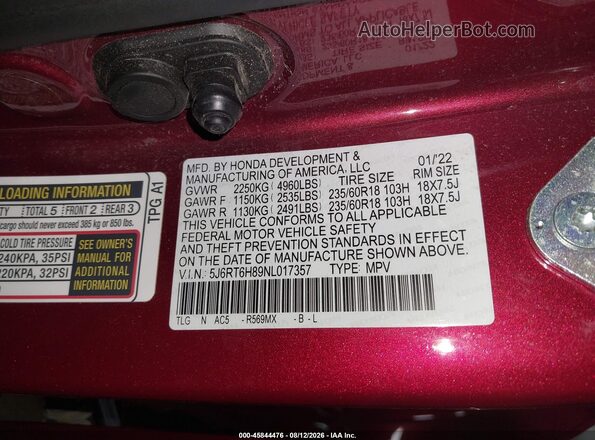 5J6RT6H89NL017357 2022 HONDA CR-V Red VIN sticker view