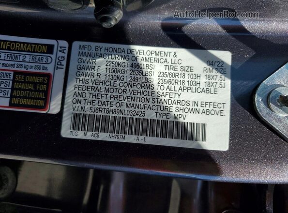 5J6RT6H89NL032425 2022 HONDA CR-V Gray Vista de la etiqueta del VIN