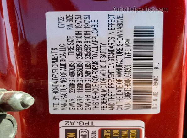 5J6RT6H90NL044309 2022 HONDA CR-V Красный Вид наклейки с VIN-кодом